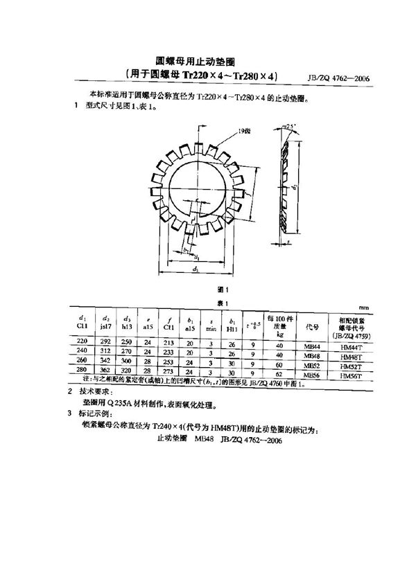 JB/ZQ 4762-2006 圆螺母用止动垫圈(用于圆螺母Tr220×4-Tr280×4)