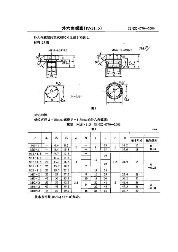 JB/ZQ 4770-2006 外六角螺塞(PN31.5)