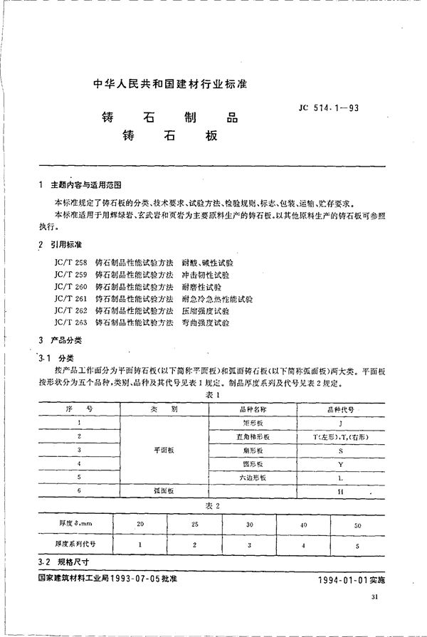 JC 514.1-1993 铸石制品 铸石板