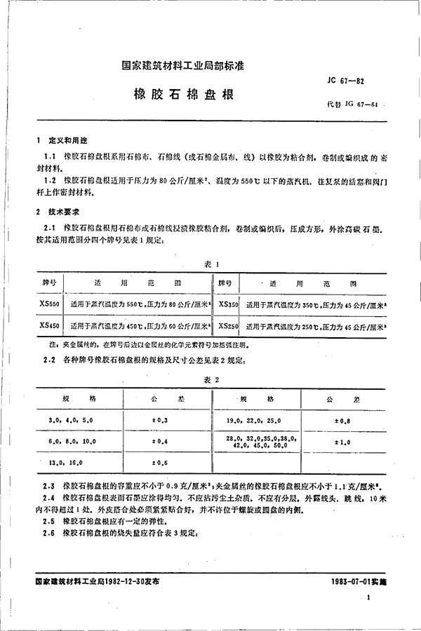 JC 67-1982 橡胶石棉盘根