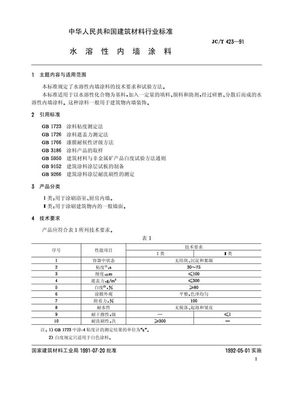 JC/T 423-1991 水溶性内墙涂料