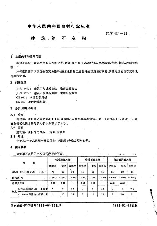 JC/T 481-1992 建筑消石灰粉