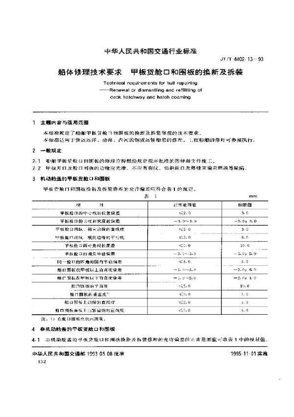 JT/T 4402.13-1993 船体修理技术要求 甲板货舱口和围板的换新及拆装