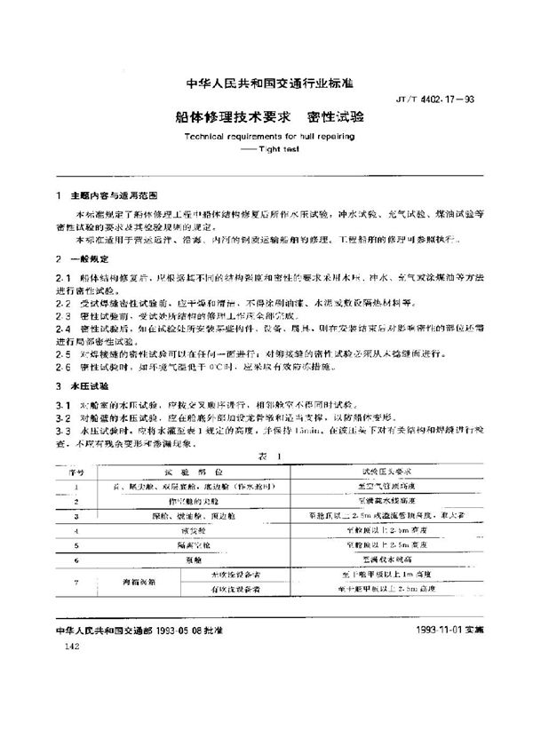 JT/T 4402.17-1993 船体修理技术要求 密性试验