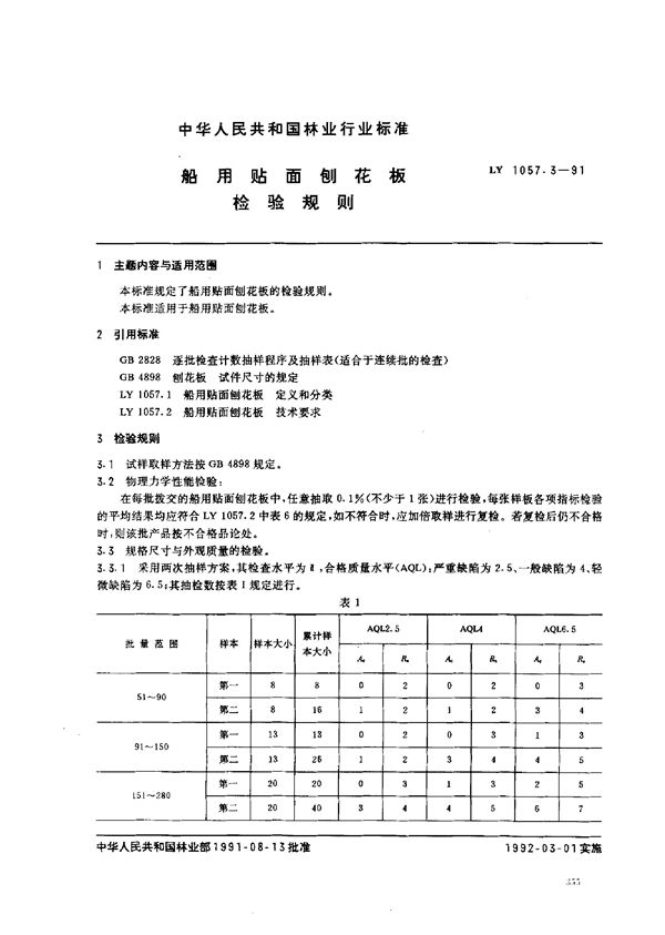 LY 1057.3-1991 船用贴面刨花板检验规则