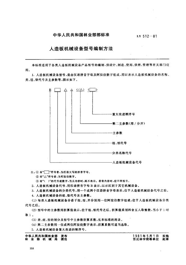 LY 512-1981 人造板机械设备型号编制方法