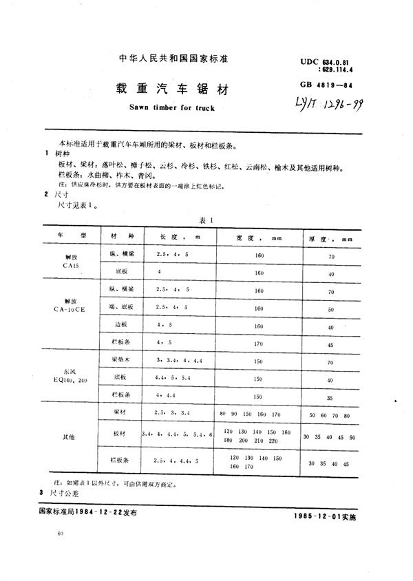 LY/T 1296-1999 载重汽车锯材