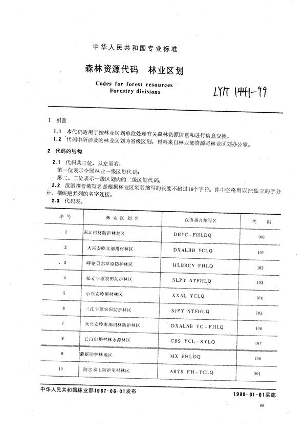 LY/T 1441-1999 森林资源代码  林业区划