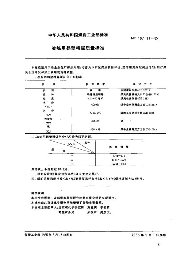 MT 107.11-1985 冶炼用鹤壁精煤质量标准