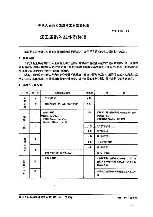 MT 115-1985 煤工尘肺X线诊断标准