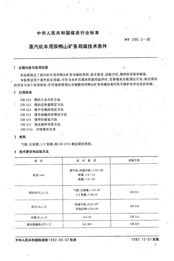 MT 296.3-1992 蒸汽机车用双鸭山矿务局煤技术条件