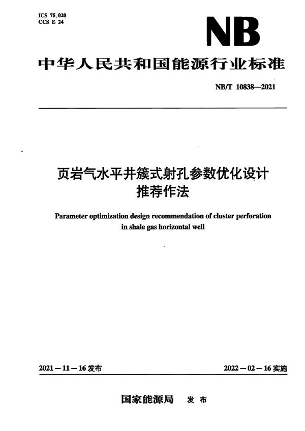 NB/T 10838-2021 页岩气水平井簇式射孔参数优化设计推荐作法