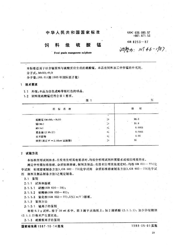 NY 46-1987 饲料级硫酸锰