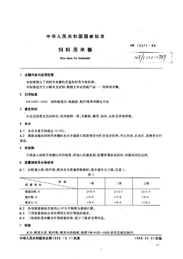 NY/T 122-1989 饲料用米糠