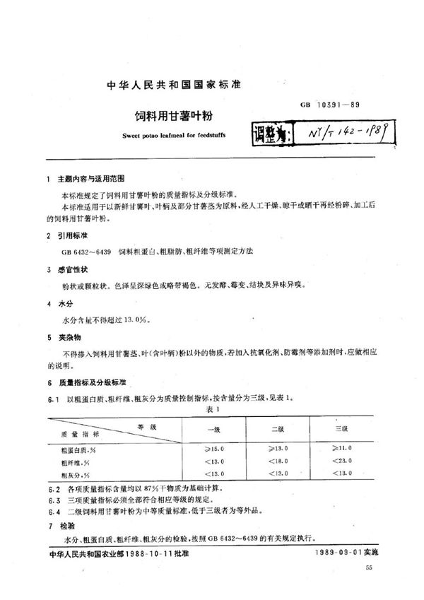 NY/T 142-1989 饲料用甘薯叶粉