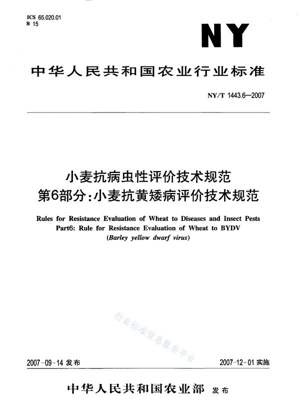 NY/T 1443.6-2007 小麦抗病虫性评价技术规范 第6部分：小麦抗黄矮病评价技术规范