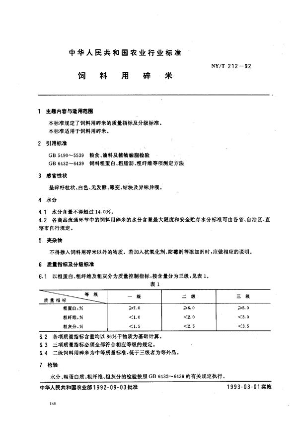 NY/T 212-1992 饲料用碎米