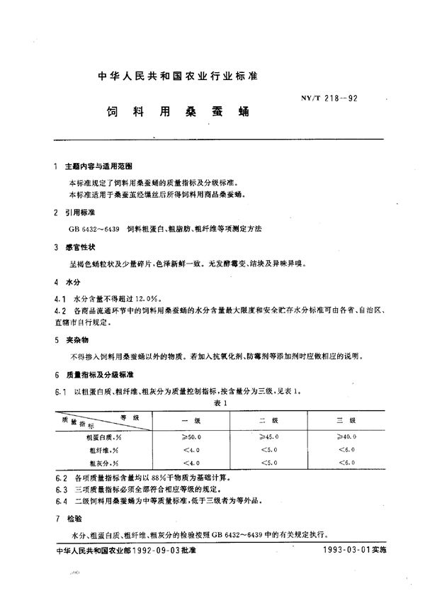 NY/T 218-1992 饲料用桑蚕蛹