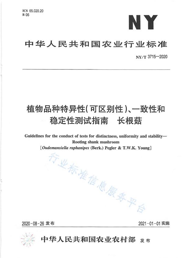 NY/T 3715-2020 植物品种特异性（可区别性）、一致性和稳定性测试指南长根菇