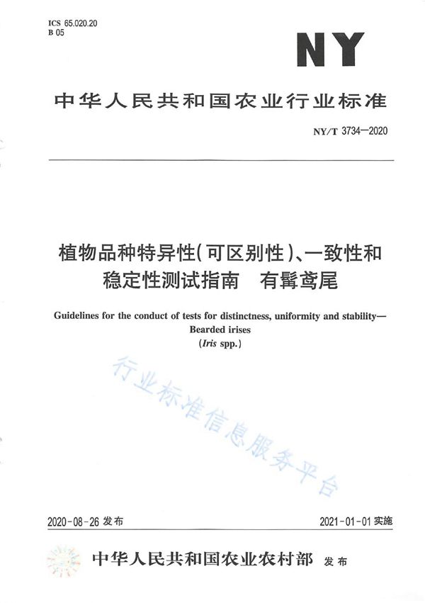 NY/T 3734-2020 植物品种特异性（可区别性）、一致性和稳定性测试指南有髯鸢尾