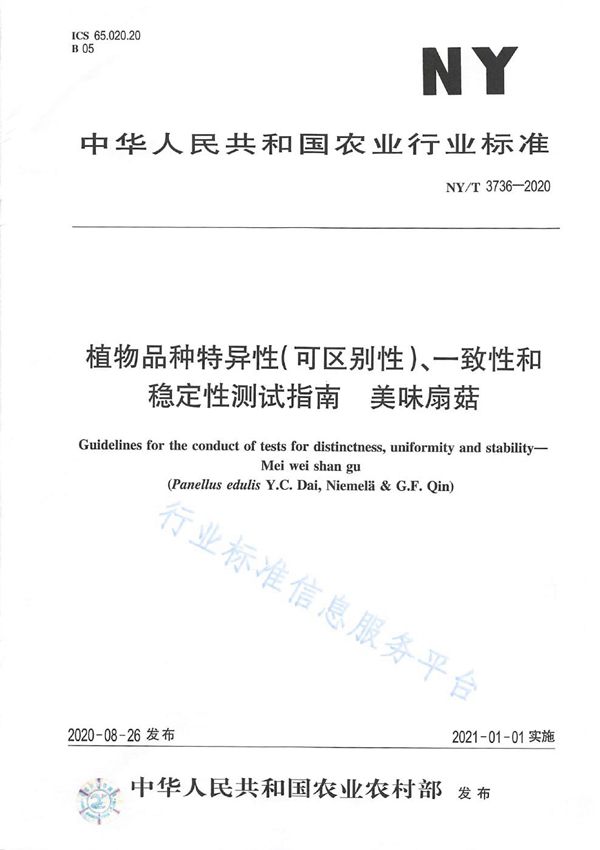 NY/T 3736-2020 植物品种特异性（可区别性）、一致性和稳定性测试指南美味扇菇