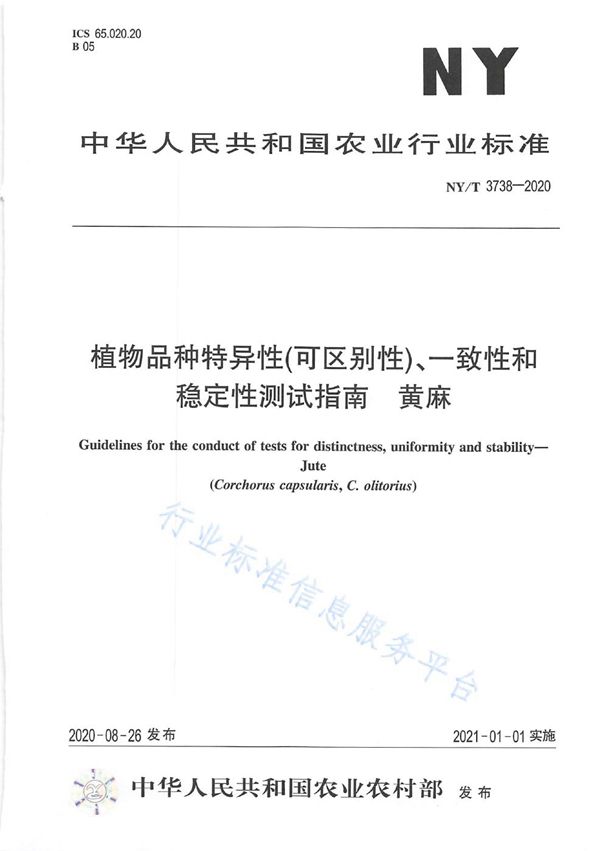 NY/T 3738-2020 植物品种特异性（可区别性）、一致性和稳定性测试指南黄麻