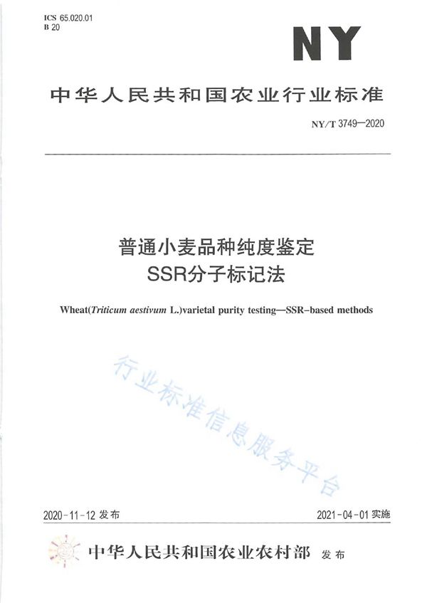 NY/T 3749-2020 普通小麦品种纯度鉴定 SSR分子标记法