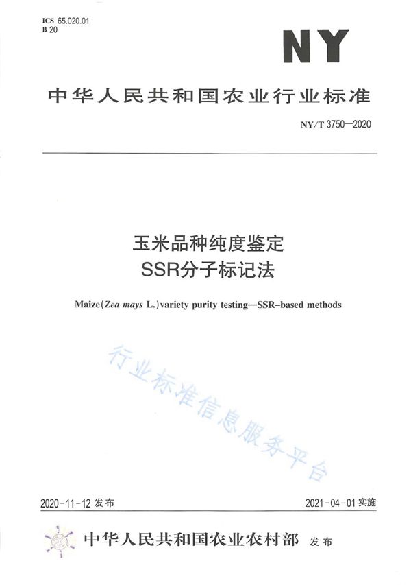 NY/T 3750-2020 玉米品种纯度鉴定 SSR分子标记法