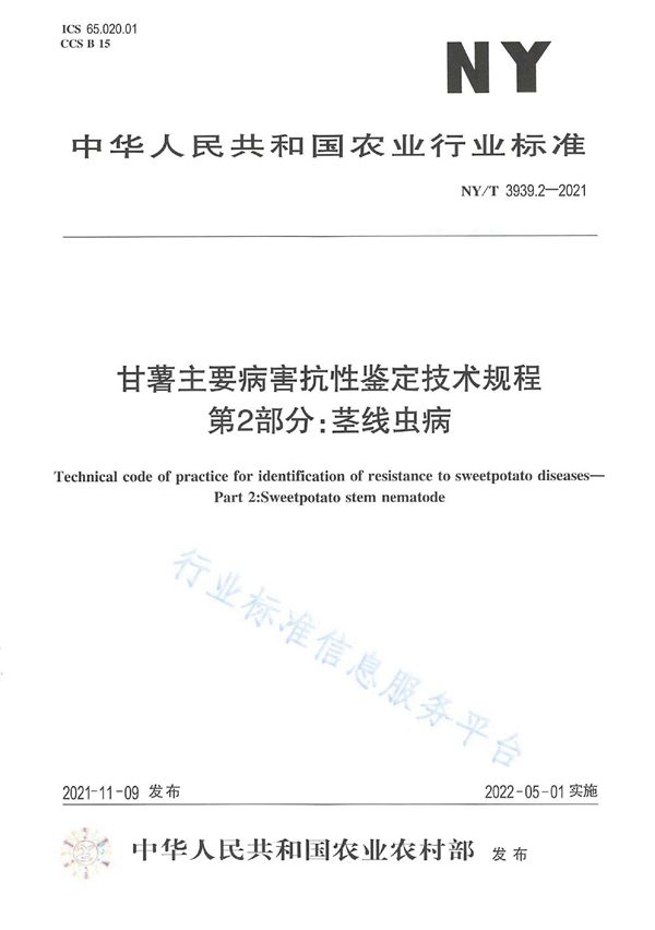 NY/T 3939.2-2021 甘薯主要病害抗性鉴定技术规程 第2部分：茎线虫病