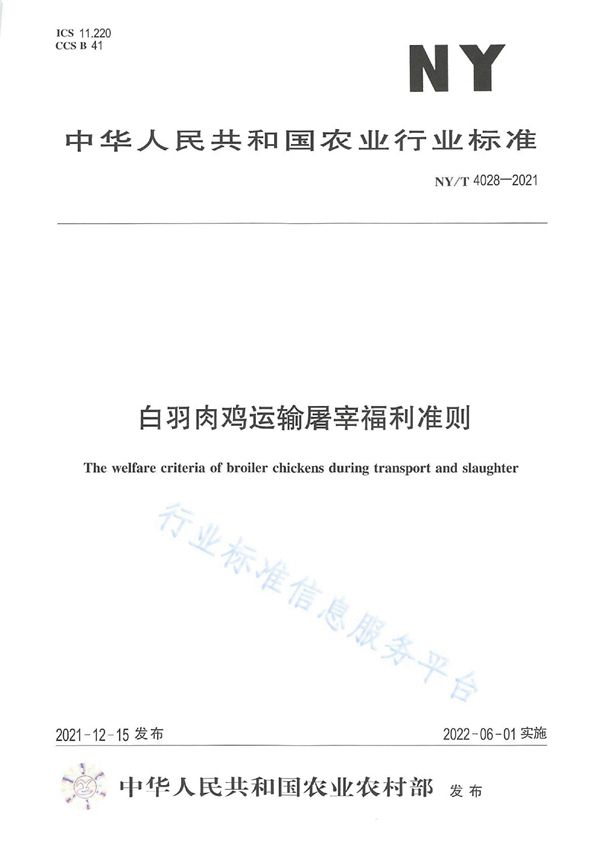 NY/T 4028-2021 白羽肉鸡运输屠宰福利准则