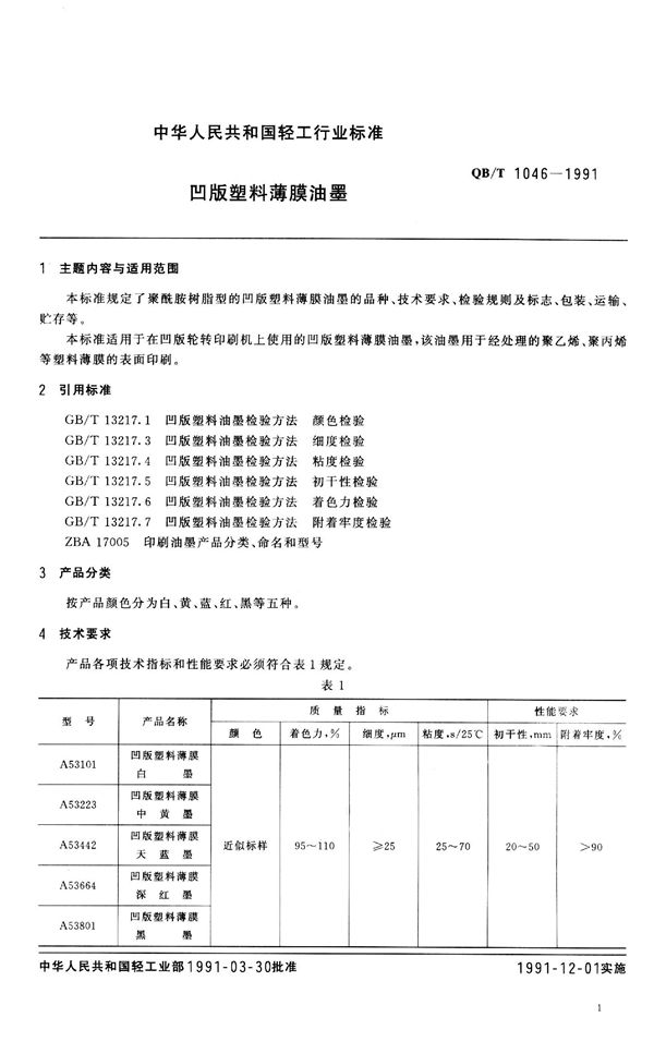 QB 1046-1991 凹版塑料薄膜油墨