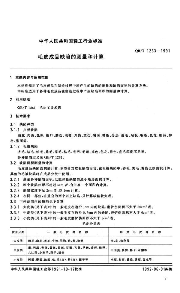 QB 1263-1991 毛皮成品缺陷的测量和计算