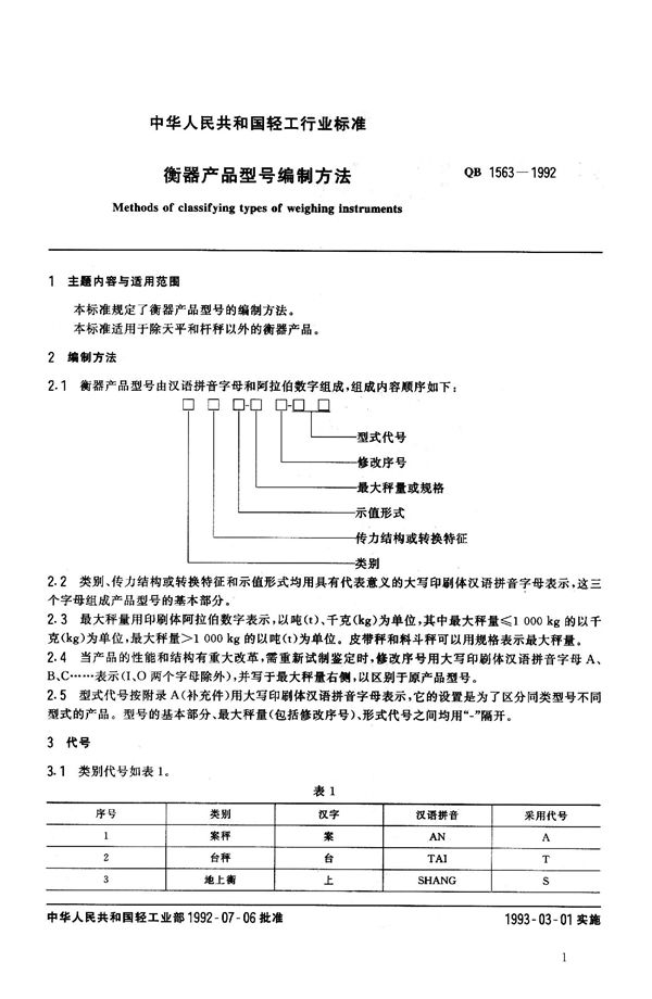 QB 1563-1992 衡器产品型号编制方法