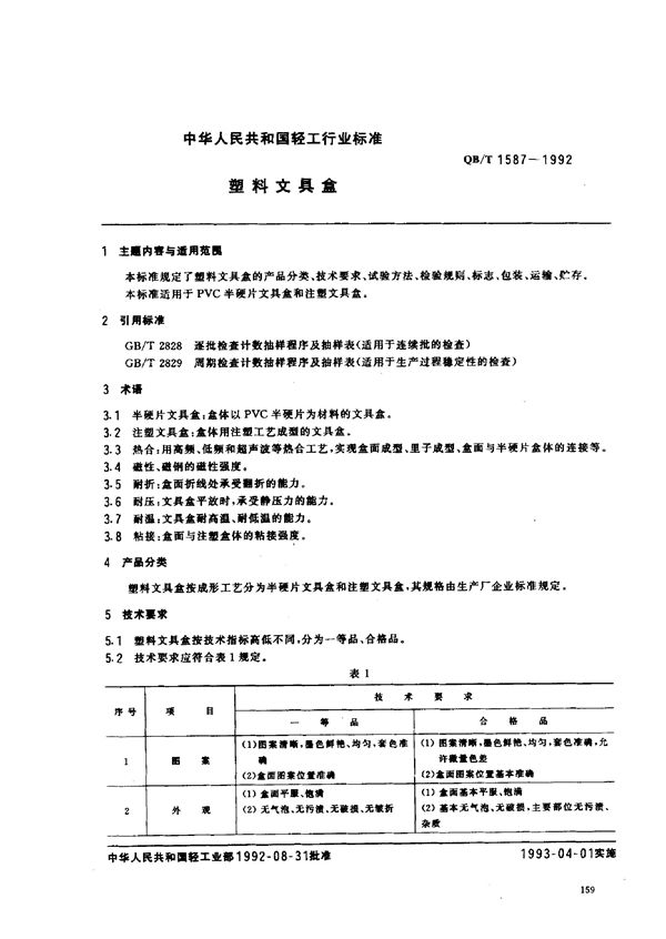 QB 1587-1992 塑料文具盒