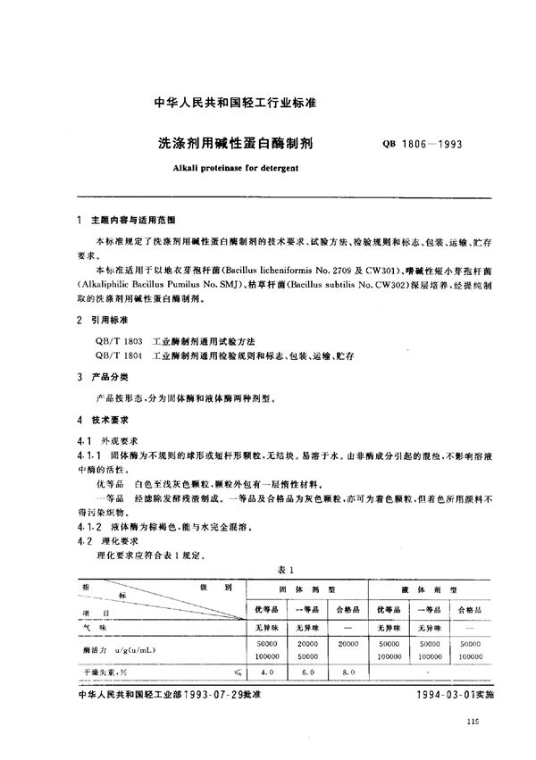 QB 1806-1993 洗涤剂用碱性蛋白酶制剂