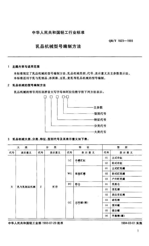 QB 1823-1993 乳品机械型号编制方法