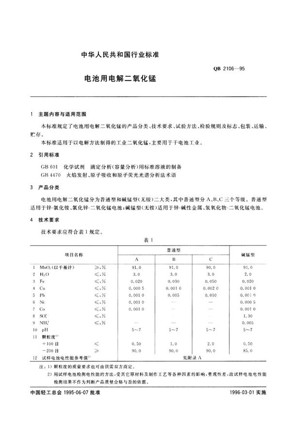 QB 2106-1995 电池用电解二氧化锰