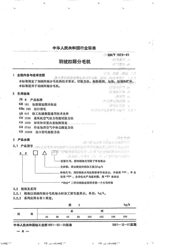 QB/T 1073-1991 羽绒四厢分毛机