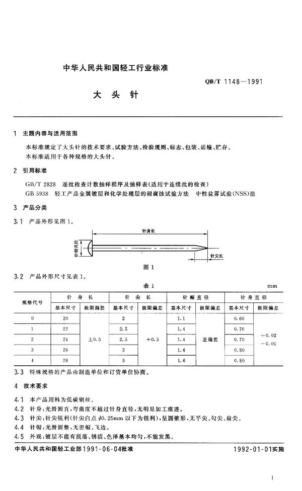 QB/T 1148-1991 大头针