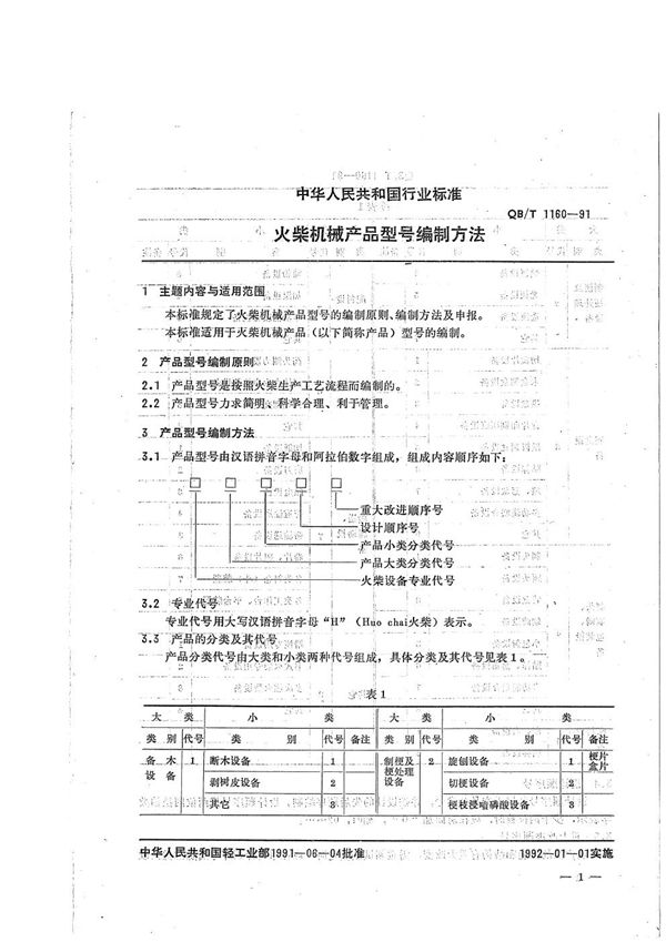 QB/T 1160-1991 火柴机械产品型号编制方法