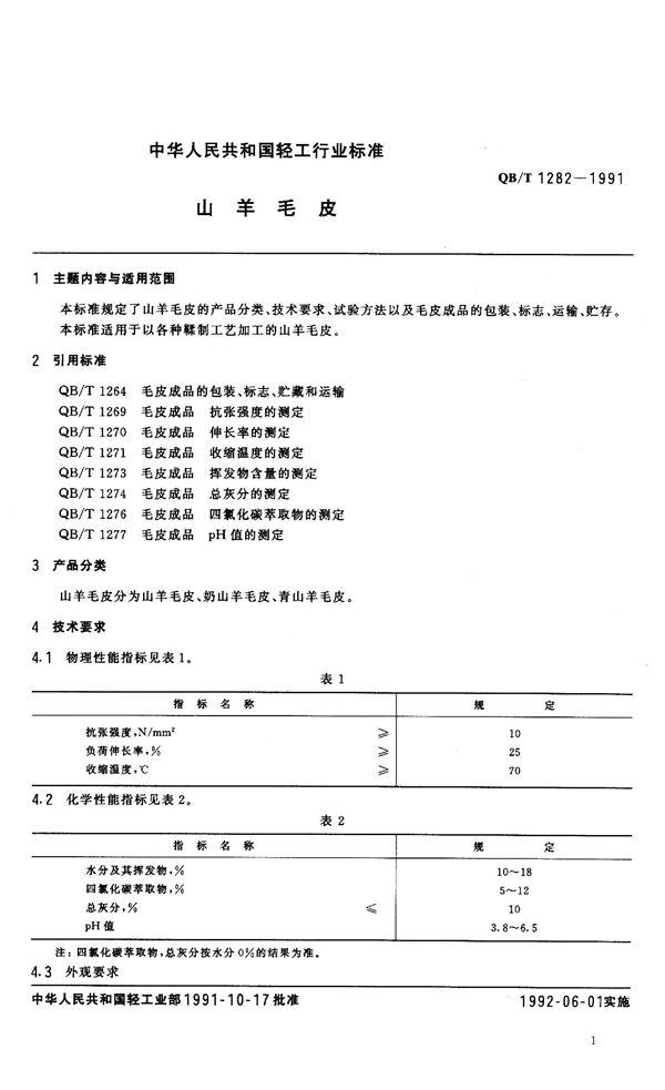 QB/T 1282-1991 山羊毛皮