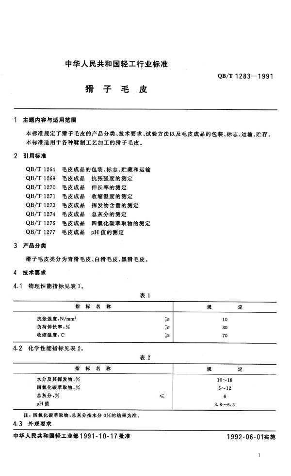 QB/T 1283-1991 猾子毛皮