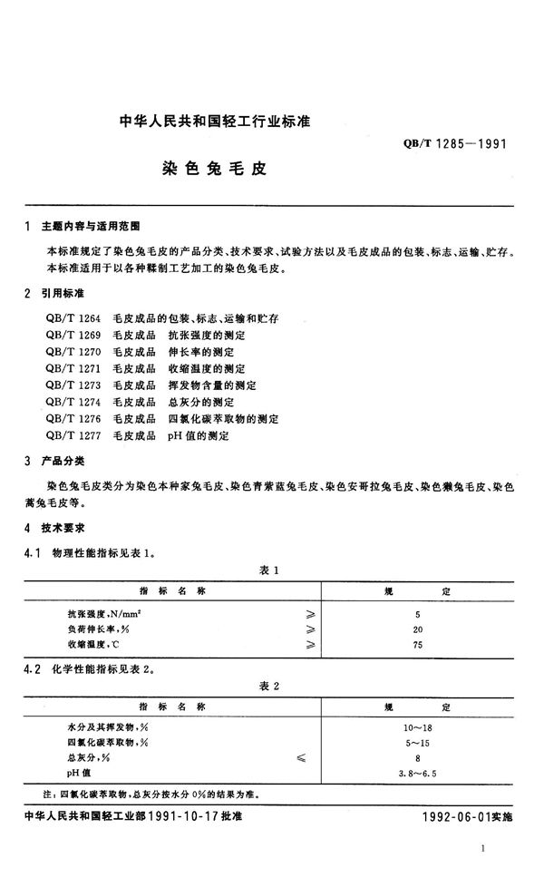 QB/T 1285-1991 染色兔毛皮