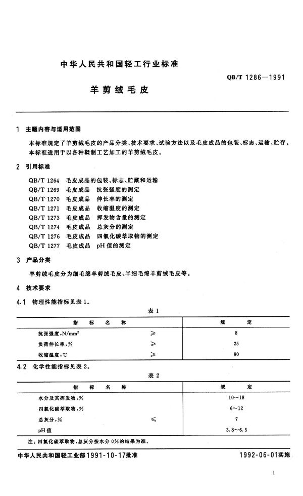 QB/T 1286-1991 羊剪绒毛皮