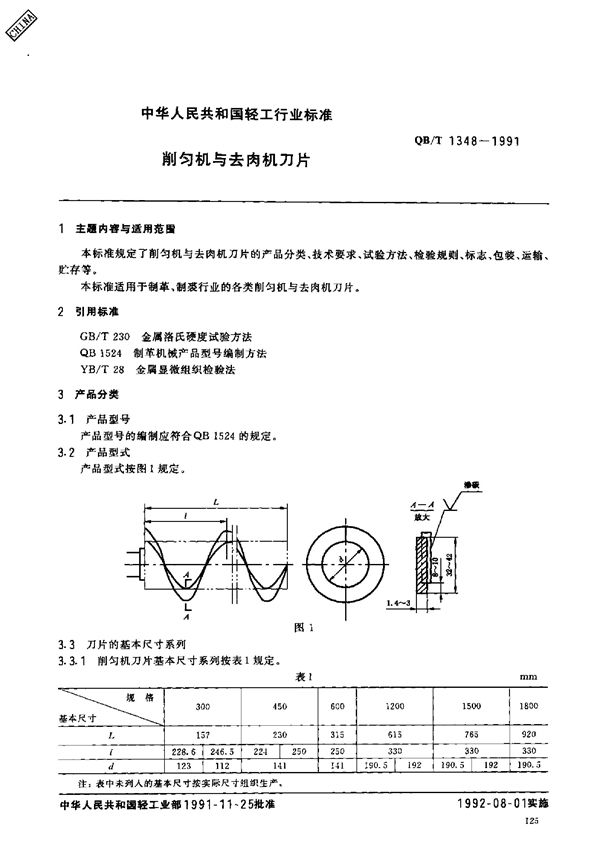 QB/T 1348-1991 削匀机与去肉机刀片