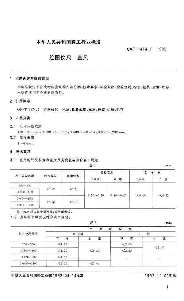 QB/T 1474.1-1992 绘图仪尺 直 尺