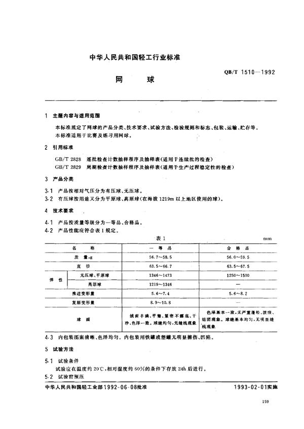 QB/T 1510-1992 网球