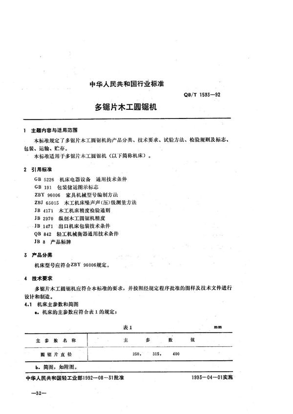 QB/T 1593-1992 多锯片木工圆锯机