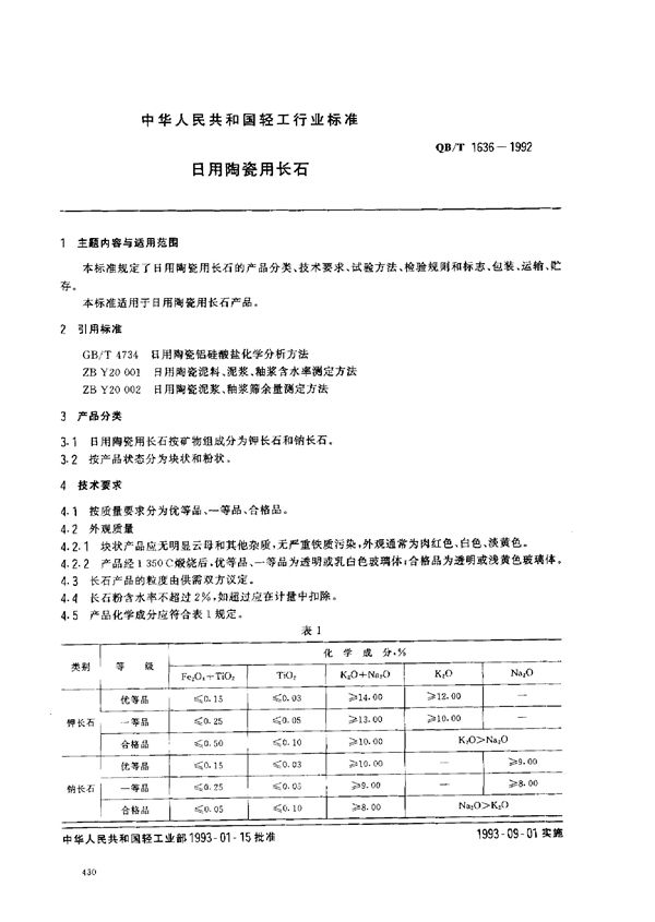QB/T 1636-1992 日用陶瓷用长石