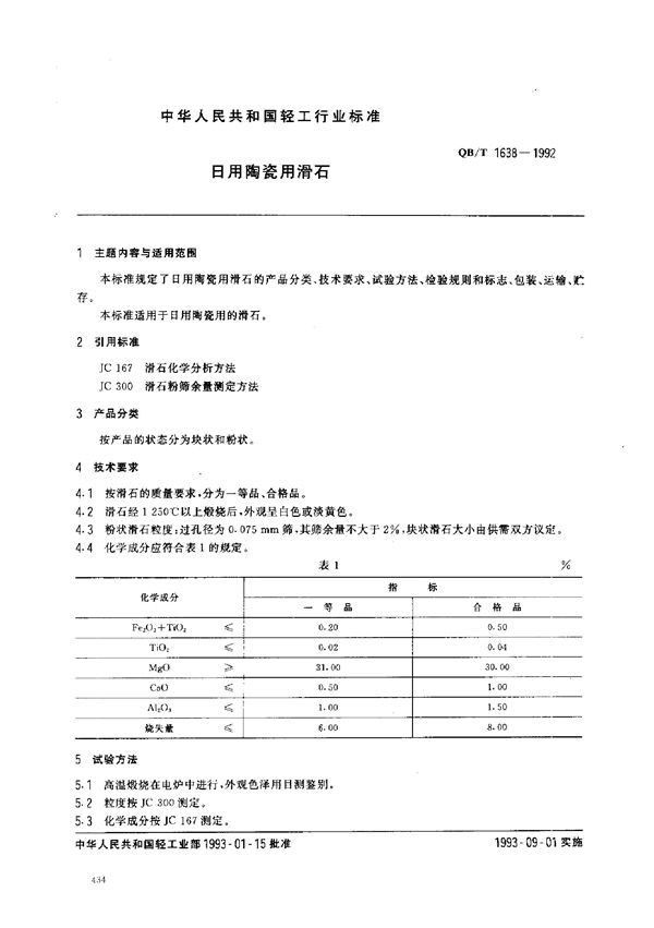 QB/T 1638-1992 日用陶瓷用滑石